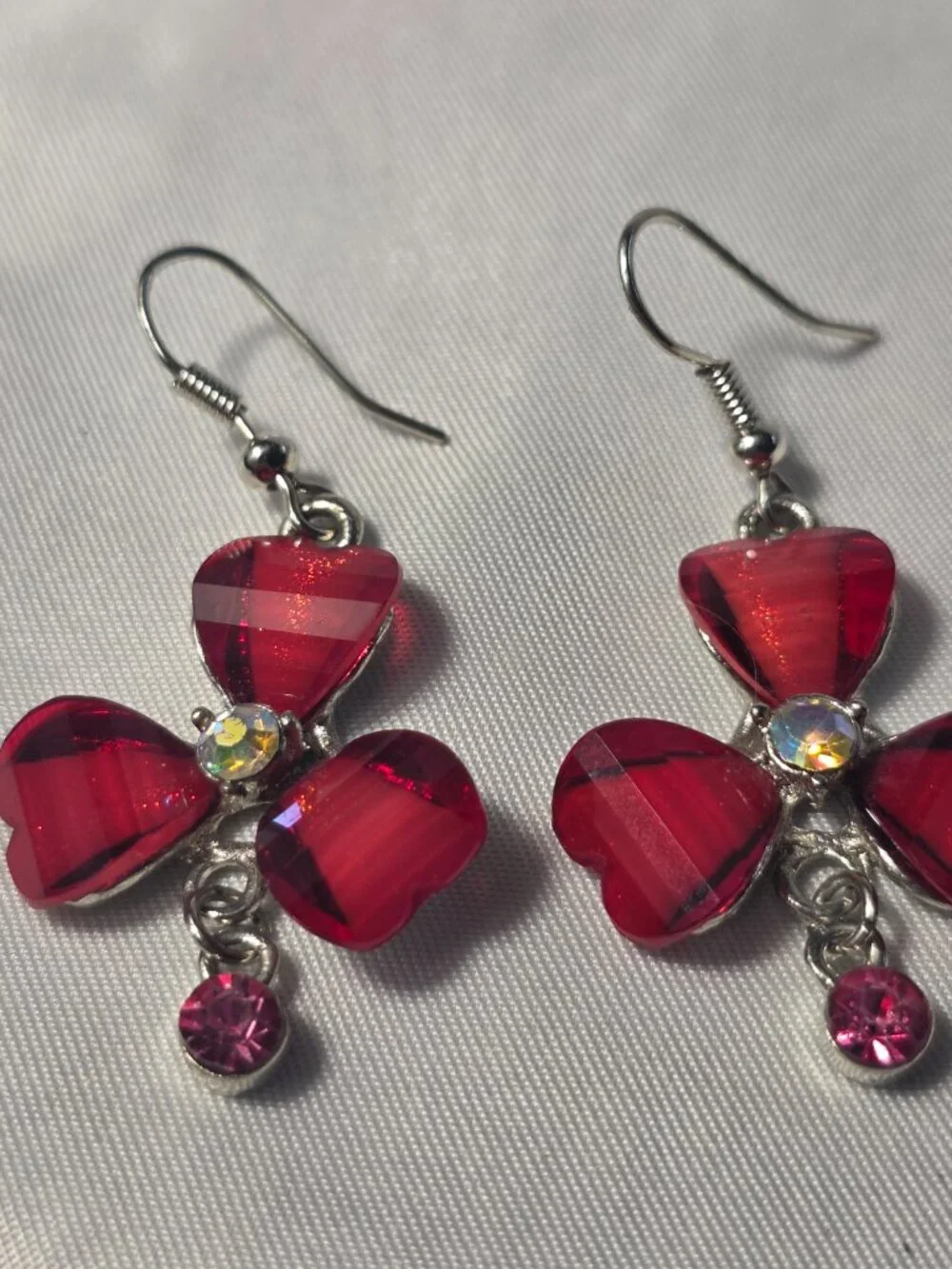 Red Floral Silver Tone Dangle Earrings with a Pink Dangle Charm French Wire